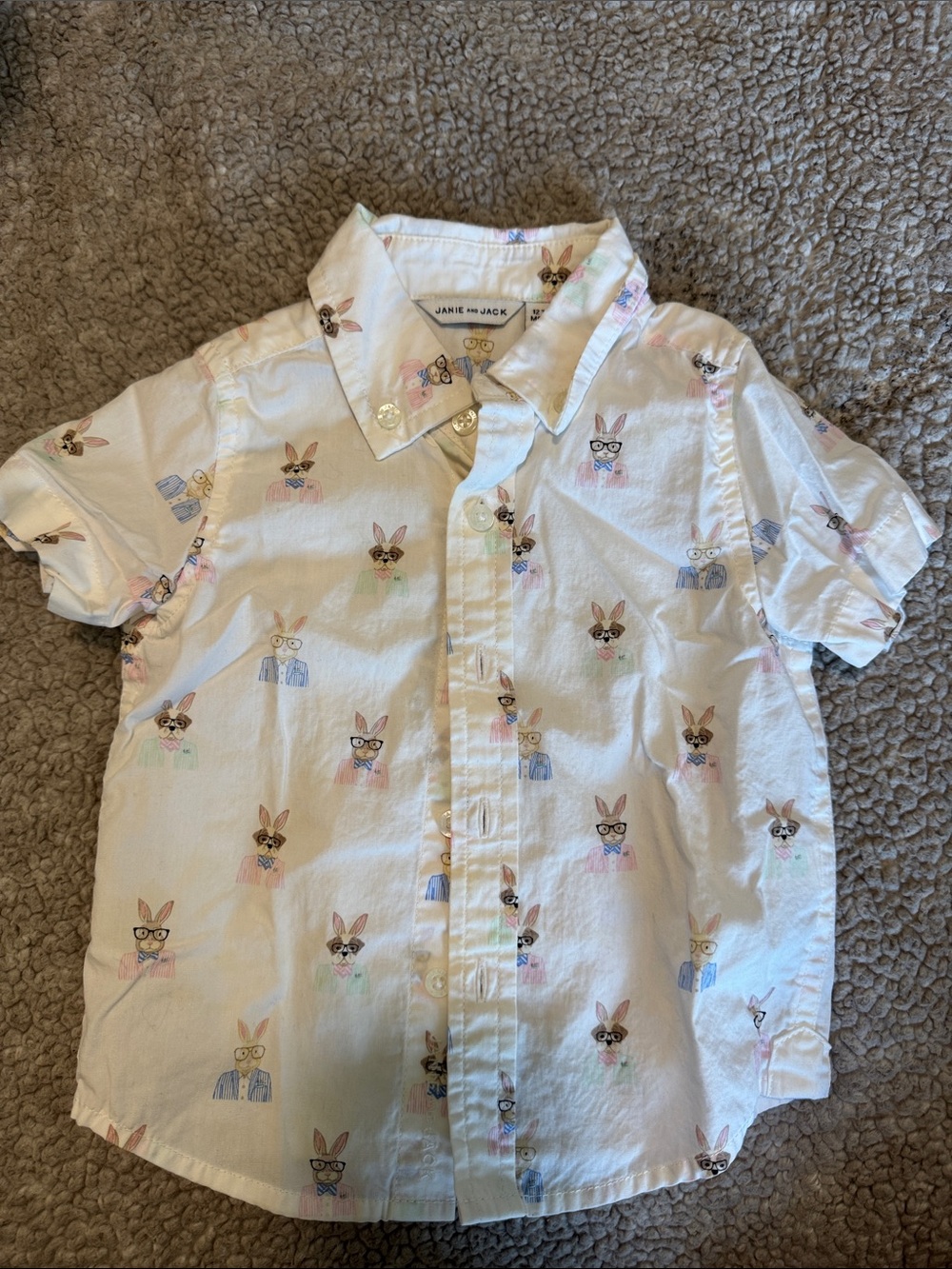 Janie and Jack White Short-Sleeve Button-Down Shirt with Pastel Bunny Print